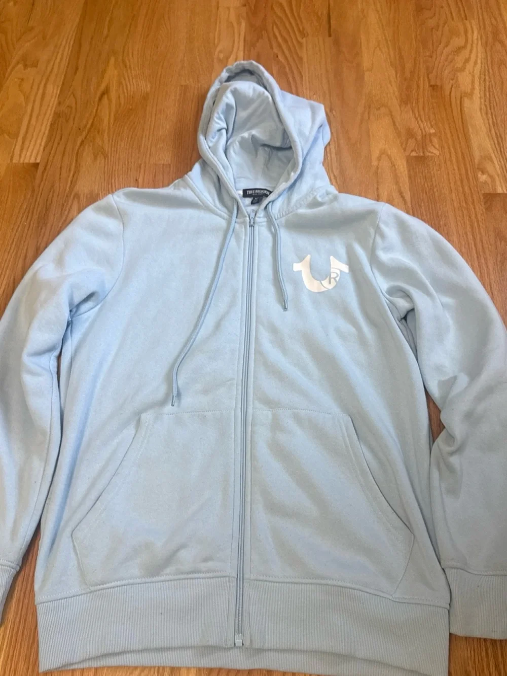 True Religion Pale Blue Zip Hoodie with White Logo Trim